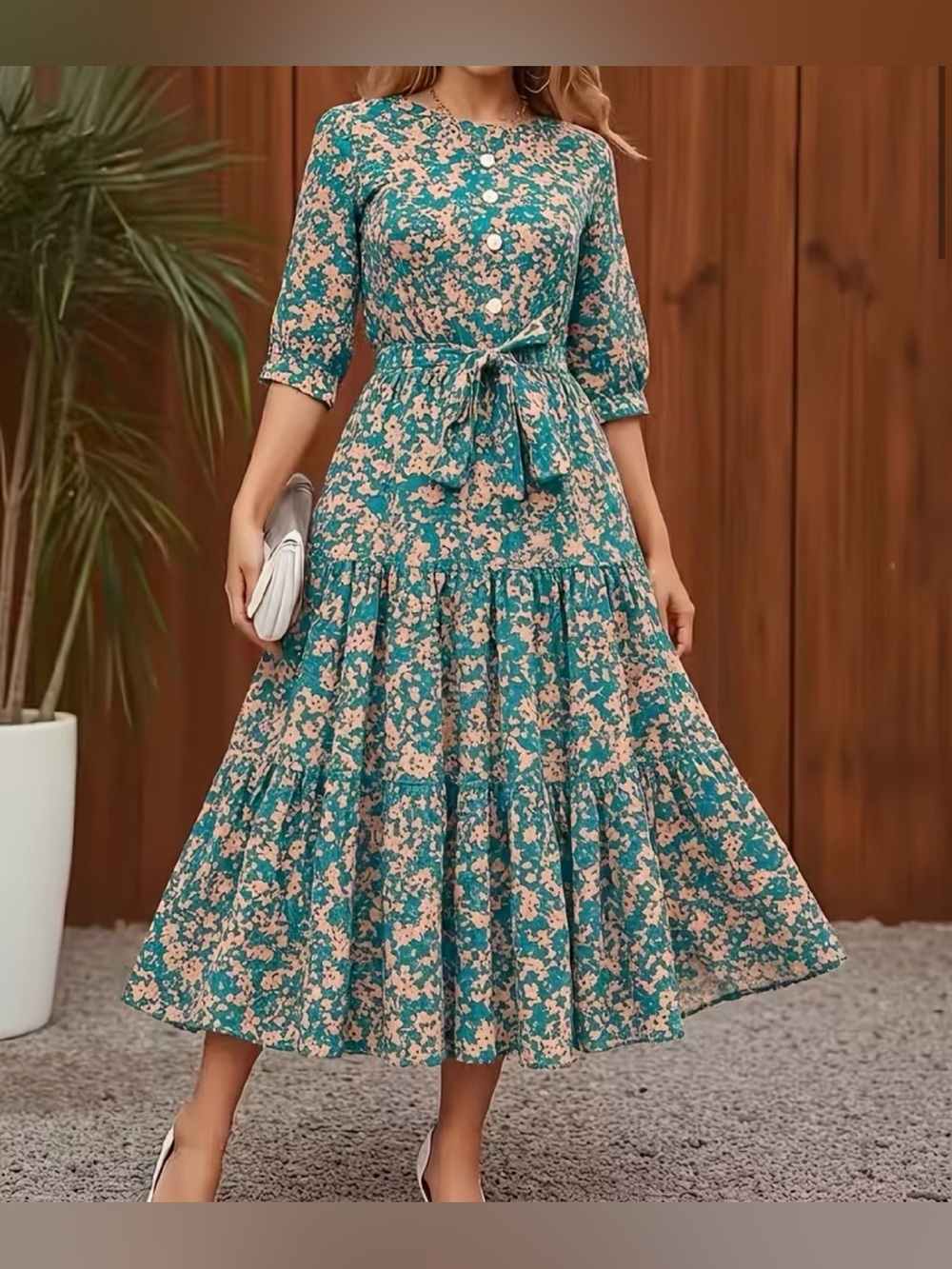 Floral Tie-Waist Midi Dress in Teal and Blush